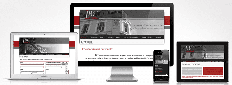 image représentant le responsive du site web de ibc immobilier sur tablette, desktop, et smartphone